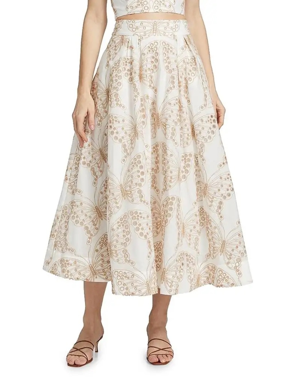 MILLY - New with Tags White Eyelet Midi Skirt with Tan Butterfly Print. Size 8